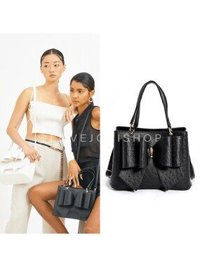 Whimsigoth | Like Dreams Bow Top Handle Handbag | Black Faux Ostrich | Scuptural